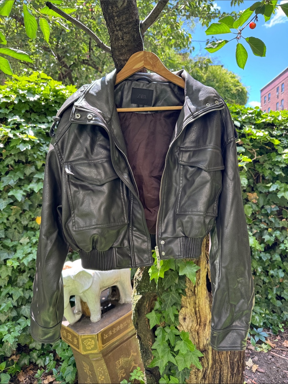 Zara Brown  Cropped Faux Leather Moto Jacket